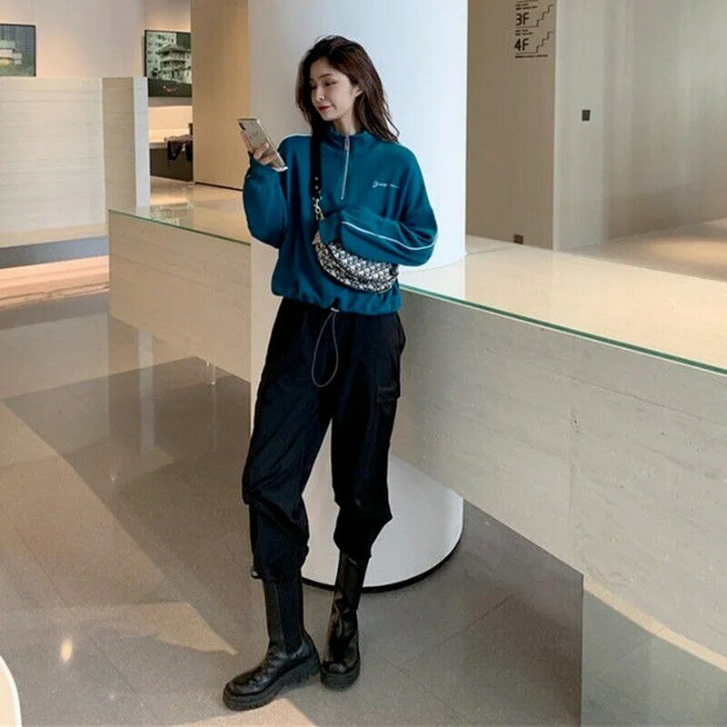 패션 편지 인쇄 여성 긴 소매 스웨터 Hoodis 지퍼 느슨한 대형 Streetwear 캐주얼 2021 가을 하라주쿠 자르기 탑스