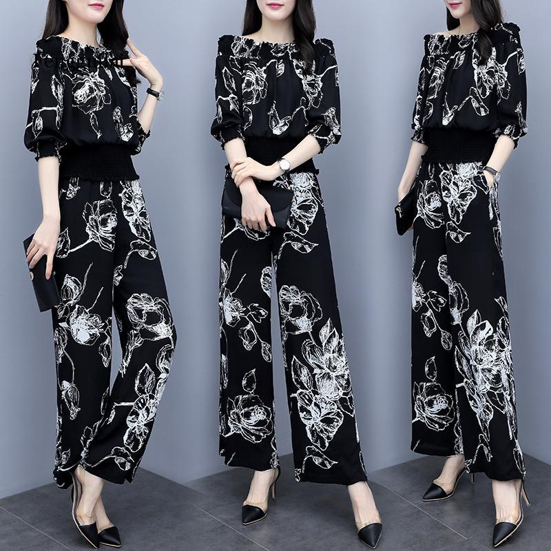 Conjunto feminino elástico de mangas três quartos, com decote, top e perna larga, calças cheias, estampa floral, elegante, vintage, verão