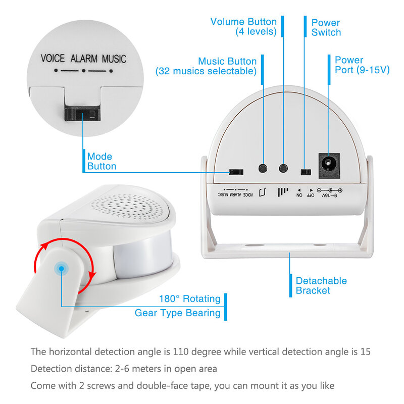 TOWODE M5 Sensor Gerak PIR Nirkabel untuk Kantor/Keamanan Rumah 32 Lagu Hop Peringatan Pengunjung Berpadu Alarm Bel Pintu Pencuri