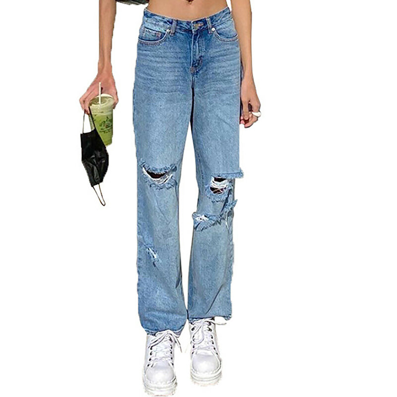 Jeans rasgado feminino cor sólida, jeans de cintura alta solto com bolso, rasgado, 2021