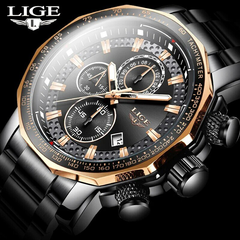 Часы LIGE мужские с хронографом, спортивные брендовые Роскошные полностью стальные Кварцевые водонепроницаемые с большим циферблатом