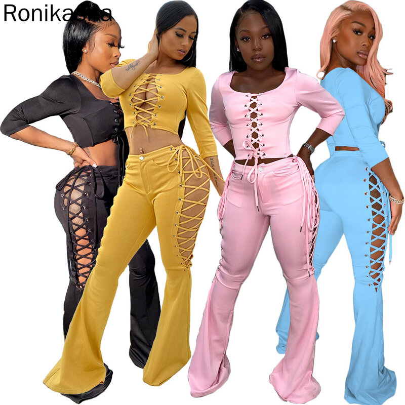 Ronikasha queda sexy oco duas peças conjunto mulher gola quadrada sete quartos manga superior + bandagem calças alargadas roupas