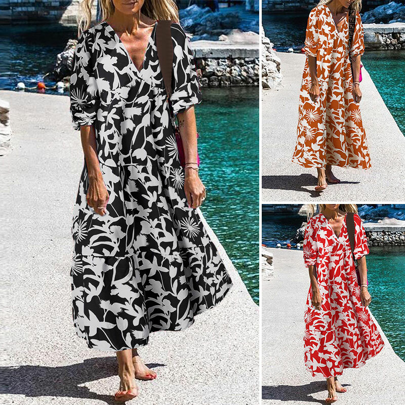 Vintage Frauen Patchwork Kleid ZANZEA 2021 Herbst Gedruckt Maxi Kleider Casual Langarm Lose Sommerkleid Übergroßen Urlaub Robe