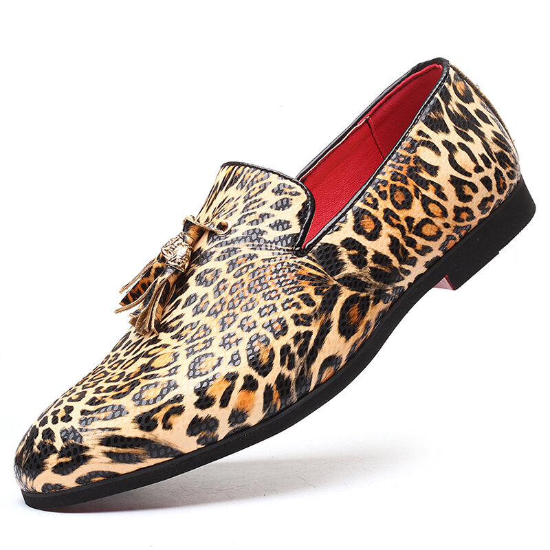 Chaussures en cuir décontractées pour hommes, grande taille, à la mode, léopard, décontractées, à frange, respirantes, mocassins