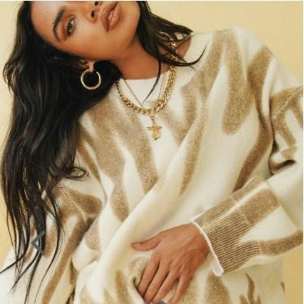 Korean Fashion Khaki Stripes Print Loose Sweaters Women Winter Hip-Pop Oversized Long Pullovers Streetwear Outerwear 2021