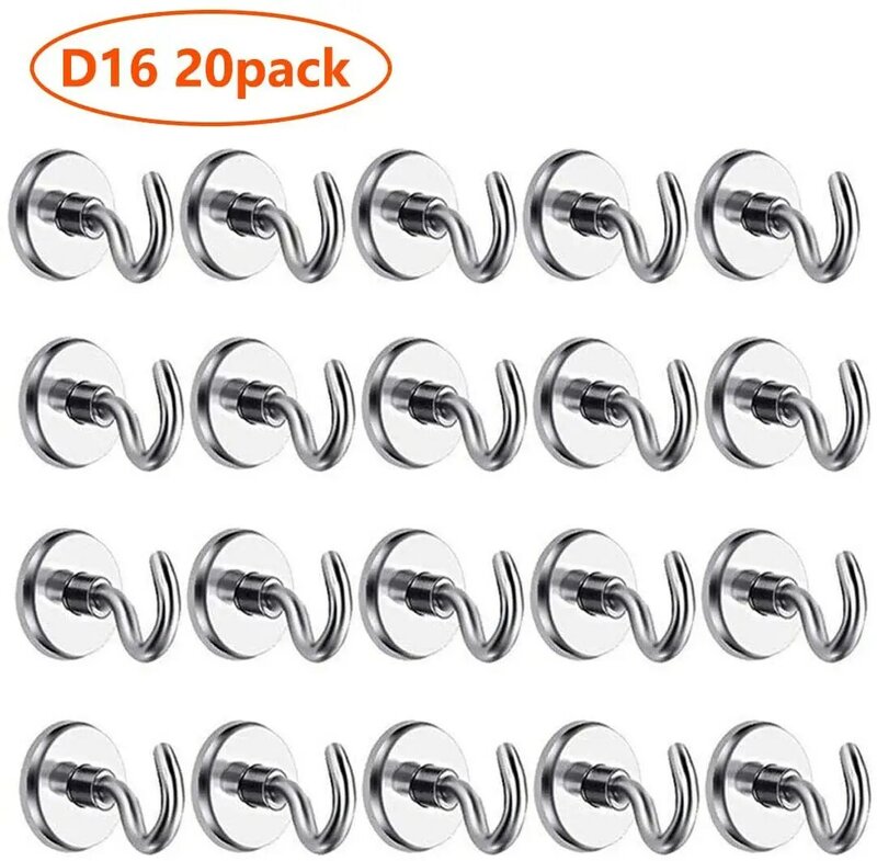 D16 Heavy Duty Neodymium Rare Earth Magnet Holder 20 Pack 12LB Pulling Force Hanging Mighty Magnetic Close Hook Great for Fridge