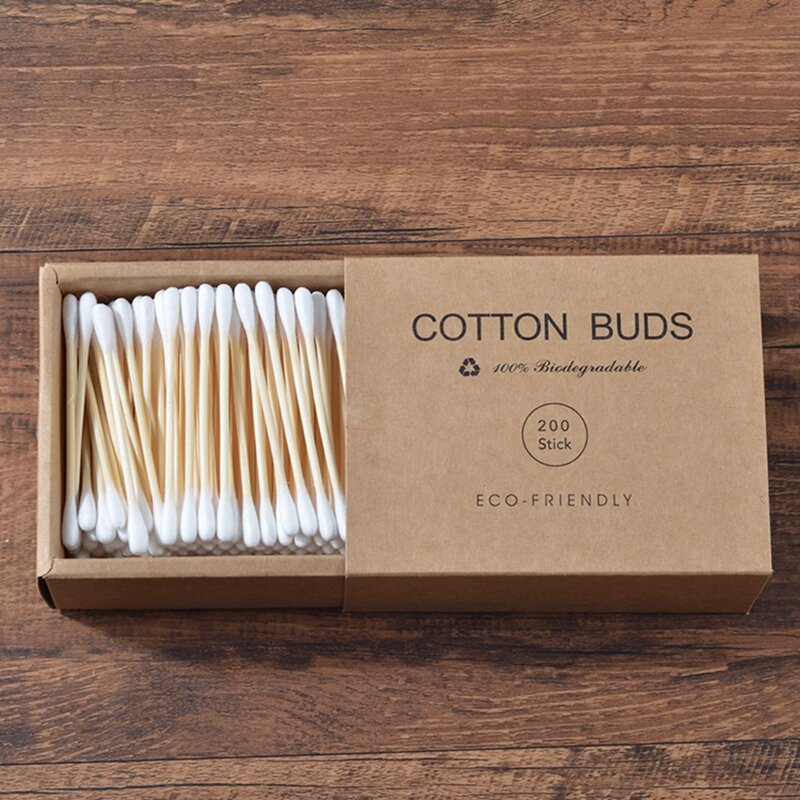 200 unids/caja de doble cabeza hisopo de algodón palos de bambú algodón desechable Capullos de algodón para belleza maquillaje nariz y orejas de limpieza