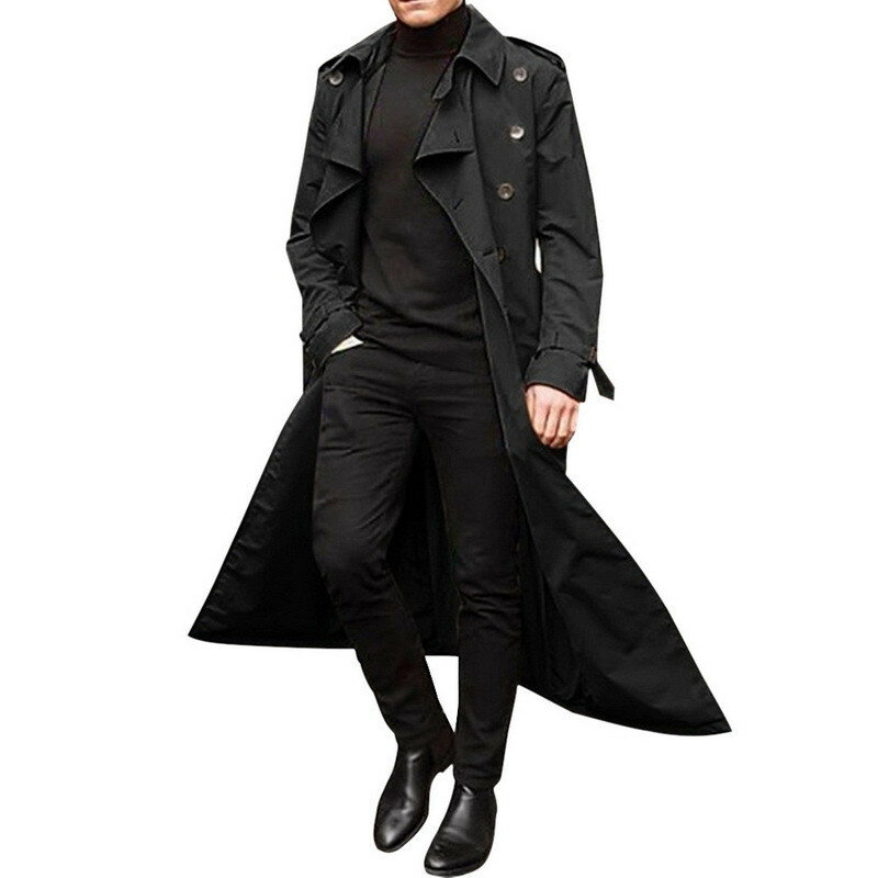 Trench-coat coupe-vent pour homme, coupe-vent Slim, Double poitrine, Long manteau noir, vêtements d'extérieur, printemps automne