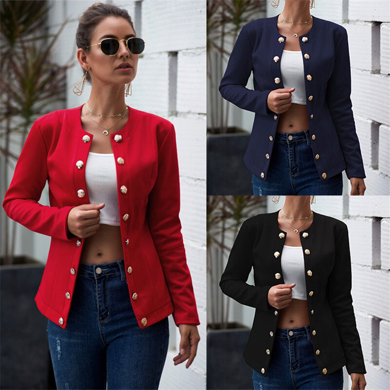 Blazer feminino com gola redonda, jaqueta de manga comprida, justa, casual, para escritório