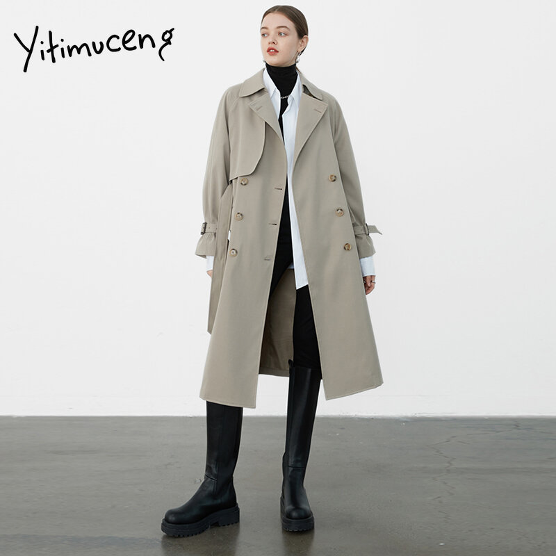 Trench-Coat avec ceinture à Double boutonnage pour femme, veste coupe-vent Simple, classique et longue, kaki, noir, printemps et automne