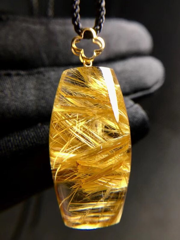 Ciondolo al quarzo rutilato in oro naturale 30.5*17mm barile ricco cristallo rutilato gioielli donna uomo brasile AAAAAAA