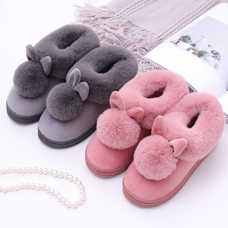 Sapatos de algodão pompom de orelhas longas, calor de inverno feminino, solas espessadas, chinelos de piso de madeira interior, sapatos femininos