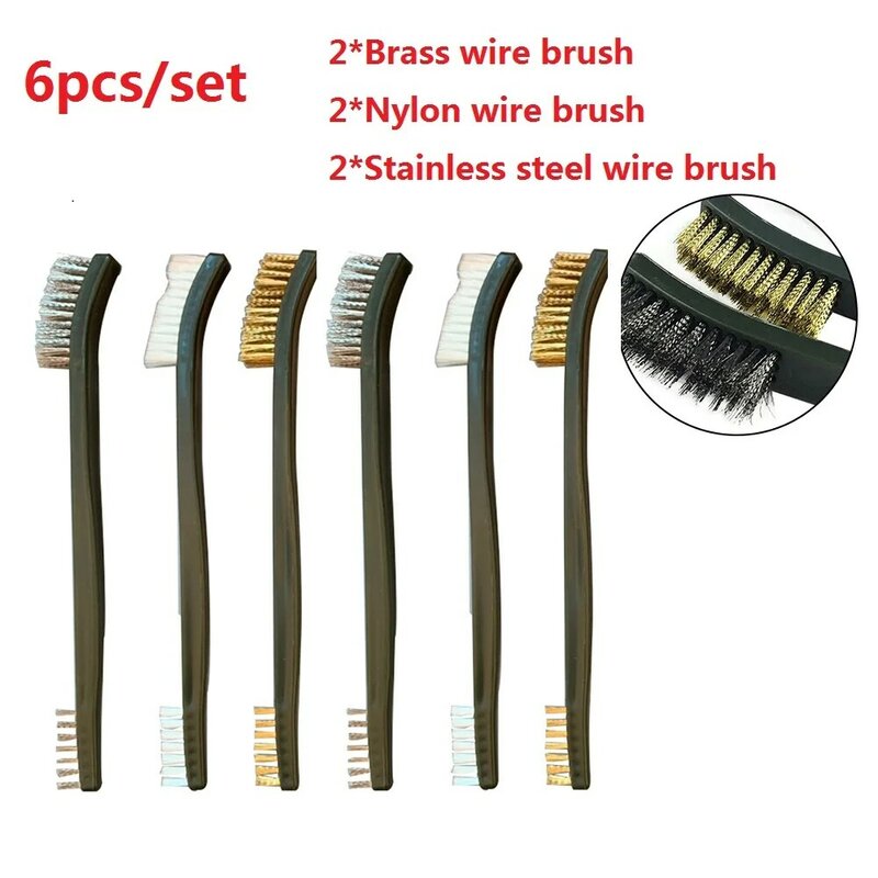 6Pcs Wire Brush Set Kleine Lange Staal Messing Nylon Draad Borstel Metaal Roest Verf Remover Polijsten Cleaner Gereedschap