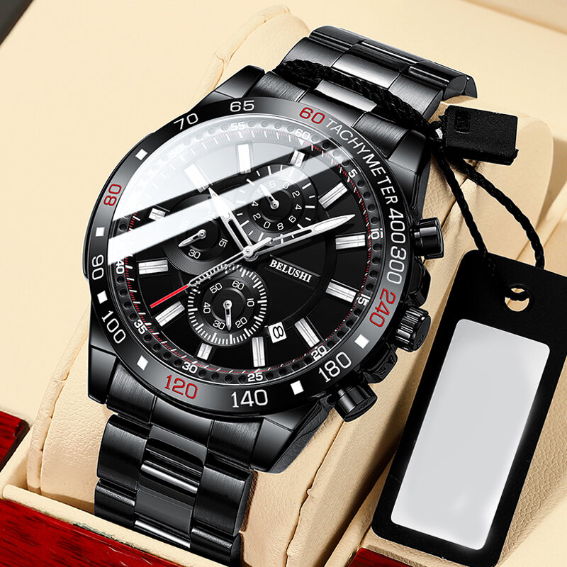 Relógio de pulso quartzo masculino à prova d'água, com cronógrafo, analógico preto de marca de luxo para homens, negócios, aço