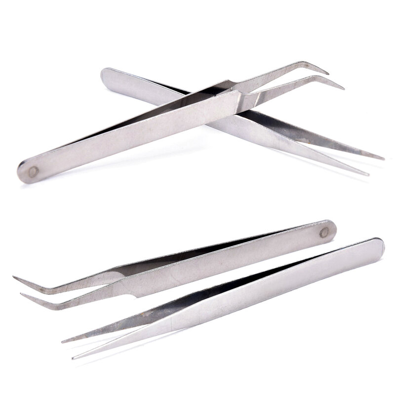 2Pcs Stainless Steel Tweezers(1Pcs Straight Head Tweezer + 1Pcs Elbow Head Tweezer)With Anti-skid Slot Nipper Forceps Nail Tools