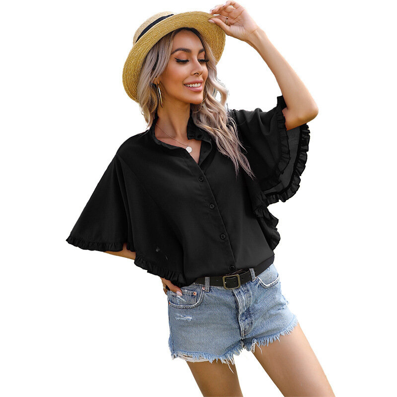 Yg brand 2021 summer new fashion Ruffle short sleeve women's shirt solid color casual top