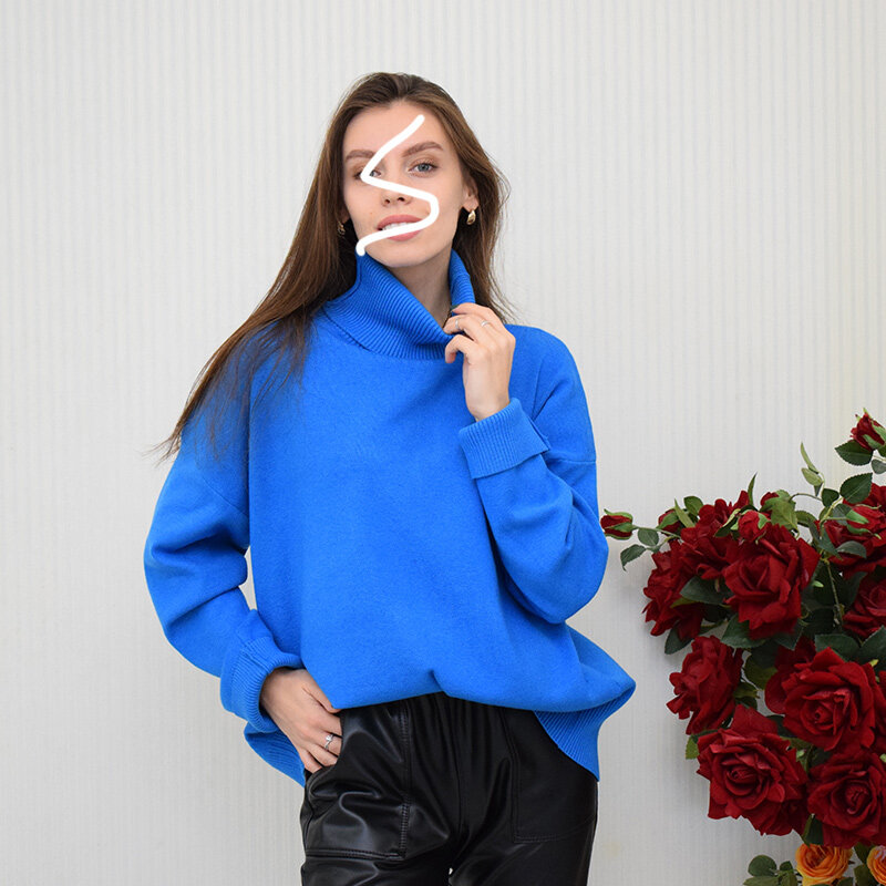 Sweater fashion Klein Blue high neck sweater women's autumn and winter new Pullover bottomed lazy inner long sleeve top