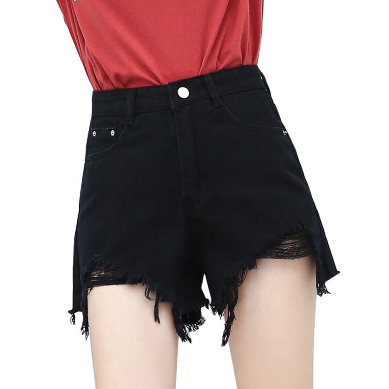 Feminino vintage versão coreana shorts retro cintura alta solta buraco selvagem denim shorts verão wear
