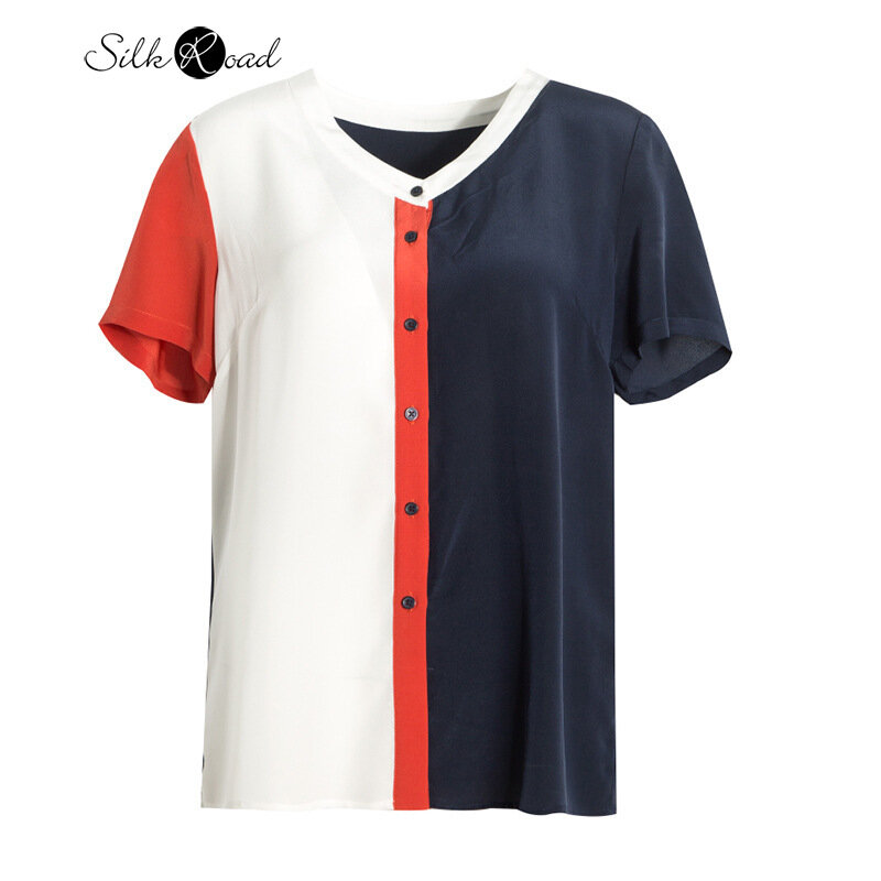 Silviye Design kontrastowy kolor szwy jedwabna koszula damska jedwabna koszulka z krótkim rękawem prosta wyszczuplająca koszulka 2020 w nowym stylu