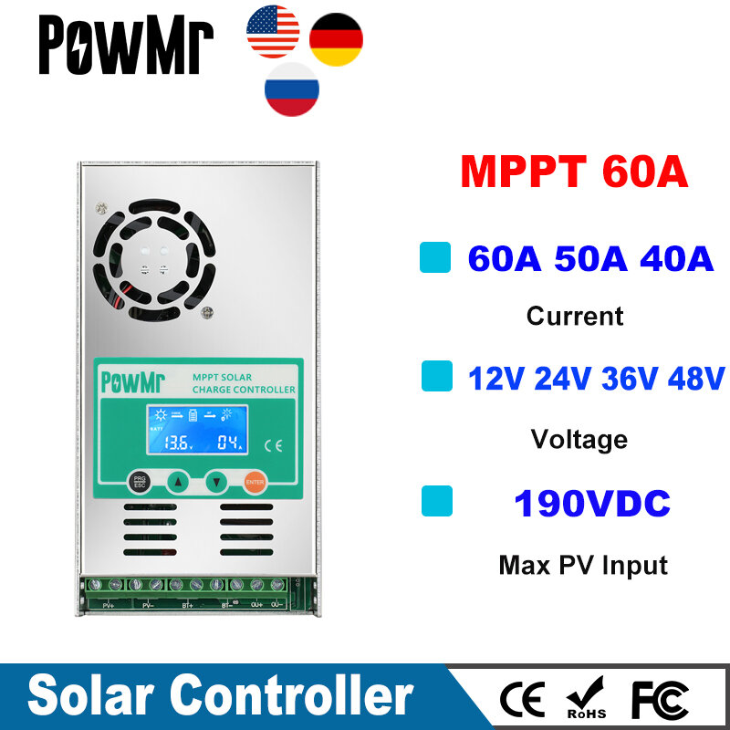 Powmr mppt 60aソーラー充電コントローラー12v 24v 36v 48v max 190vdc用自動入力pv,密閉型ゲル