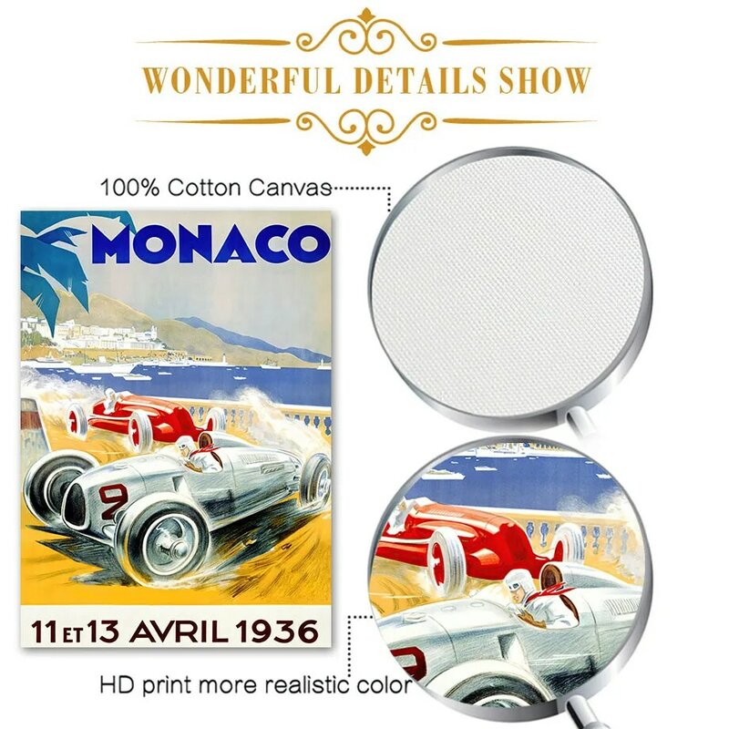สูตร1แข่งรถ Monaco Grand Prix Vintage Wall Art ภาพวาดผ้าใบ Nordic พิมพ์โปสเตอร์ภาพผนังสำหรับห้องนั่งเล่น decor