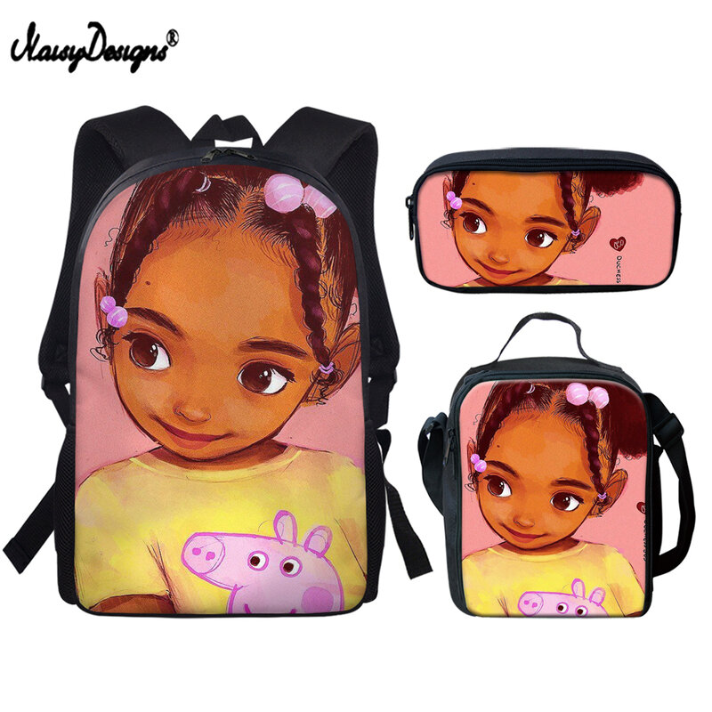 Noisydesigns-mochilas de dibujos animados de Arte Negro para niñas pequeñas africanas, conjunto de 3 de gran capacidad unids/set, mochilas escolares personalizadas para estudiantes