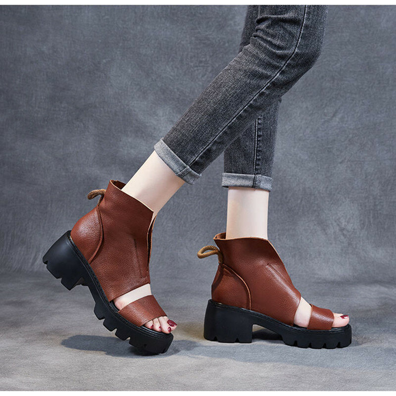 Sandales montantes à talons épais pour femmes, chaussures romaines à plateforme étanche, nouvelle collection printemps et été 2021