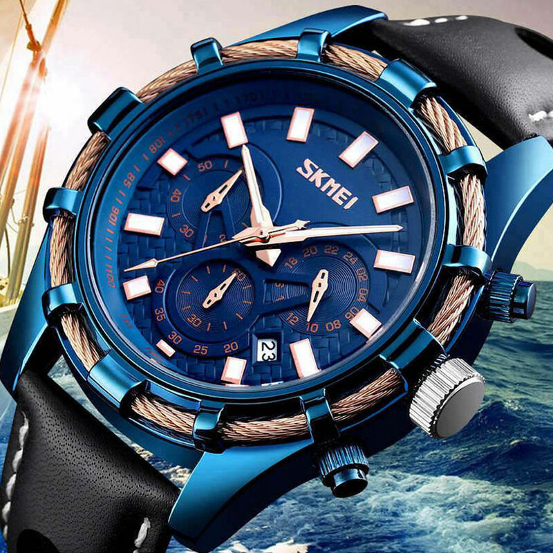 Skmei relógio esportivo masculino de marca luxuosa 9189, relógio impermeável de quartzo com pulseira de couro com 3bar, relógio impermeável de marca superior para esporte