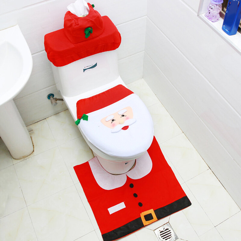 Christmas Toilet Decoration Santa Claus Bathroom Mat Christmas Toilet Seat & Cover Christmas Toilet Lid New Year Xmas Decoration