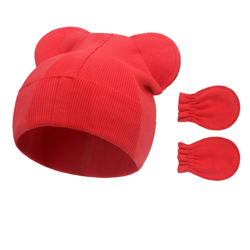 Conjunto de dos piezas de gorros y guantes de algodón de Color sólido para bebé, manoplas protectoras para la cara, sombrero recién nacido