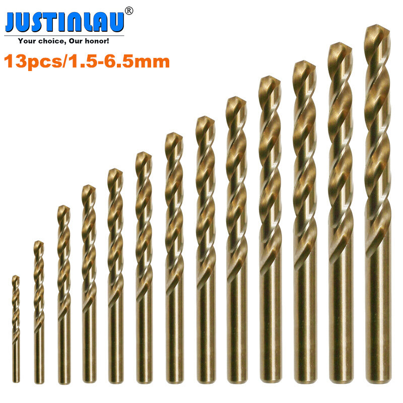 Набор спиральных сверл JUSTINLAU 13 шт./компл. 1,5-6,5 мм HSS-Co M35 из кобальта для сверления металла и дерева