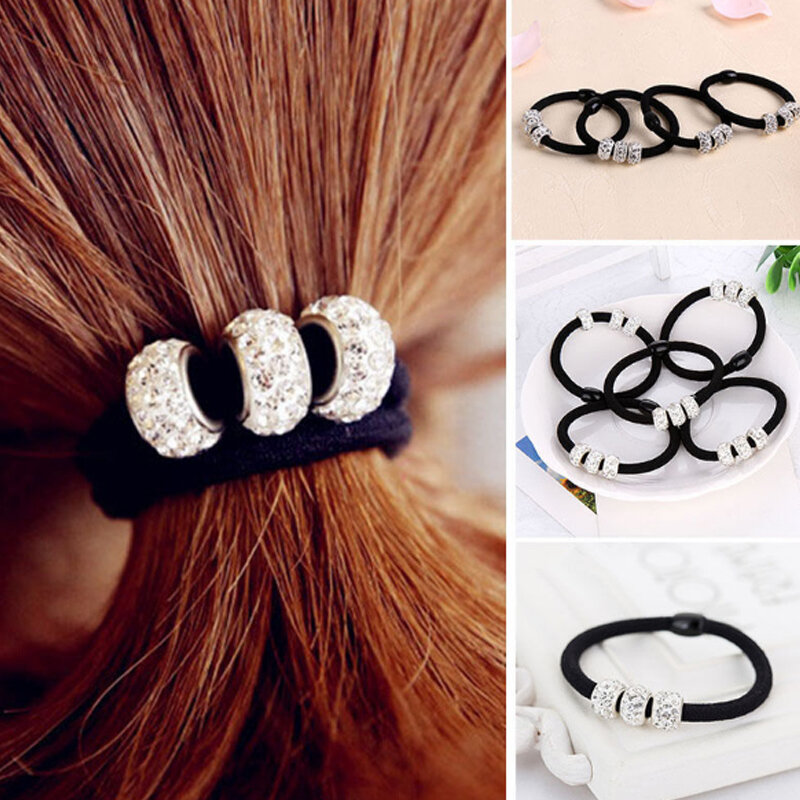 Laços de cabelo de cristal feminino, laços elásticos de liga de cabelo, rabo de cavalo de diamante, versão coreana adorável, preto, venda com 10 peças