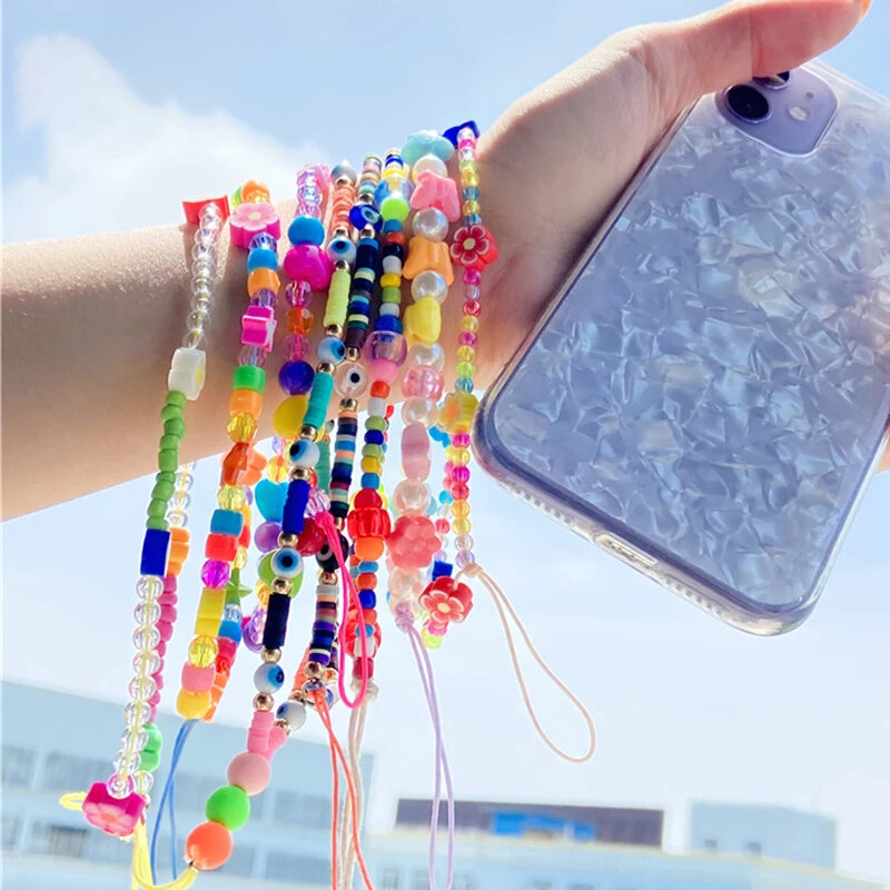 Moda grânulos acrílicos coloridos corrente do telefone móvel para mulheres meninas alça de celular anti-lost cordão pendurado cordão jóias presente