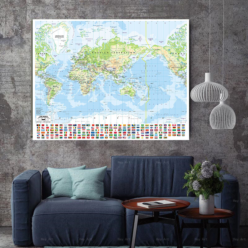 Mapa orográfico del mundo con bandera nacional, lienzo no tejido, pintura, arte de pared, póster, decoración del hogar, suministros de estudio, 90x90cm