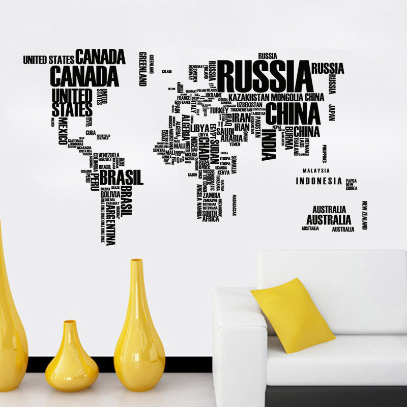 Mapa de viaje del mundo negro con letras extraíbles, pegatinas de pared para sala de estar, decoración del hogar, calcomanía creativa de Pvc, arte Mural, pegatina de pared DIY
