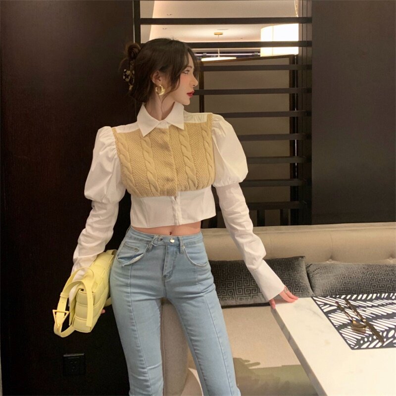 Blusa de retales de punto para mujer, Blusa de manga larga ajustada con cuello vuelto, estilo coreano Vintage, combina con todo, 2021