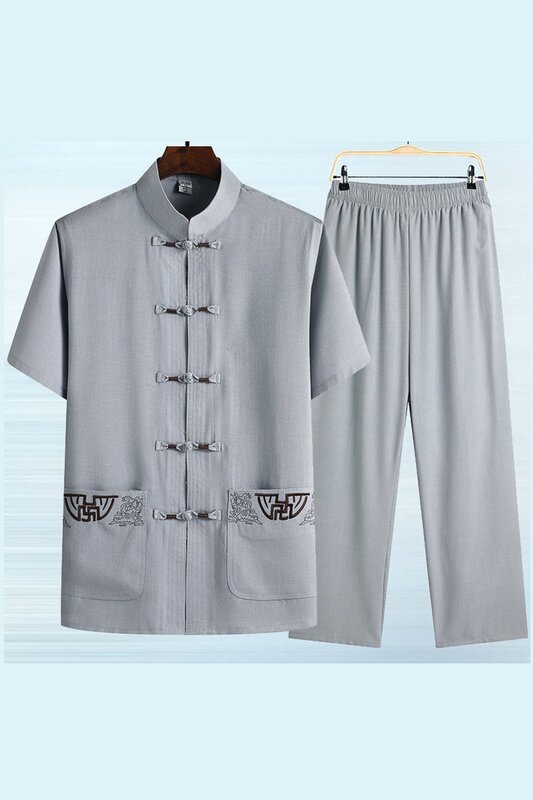 Traje de verano para hombre de mediana edad, hanfu, algodón y lino, chino, con mangas cortas, 2021
