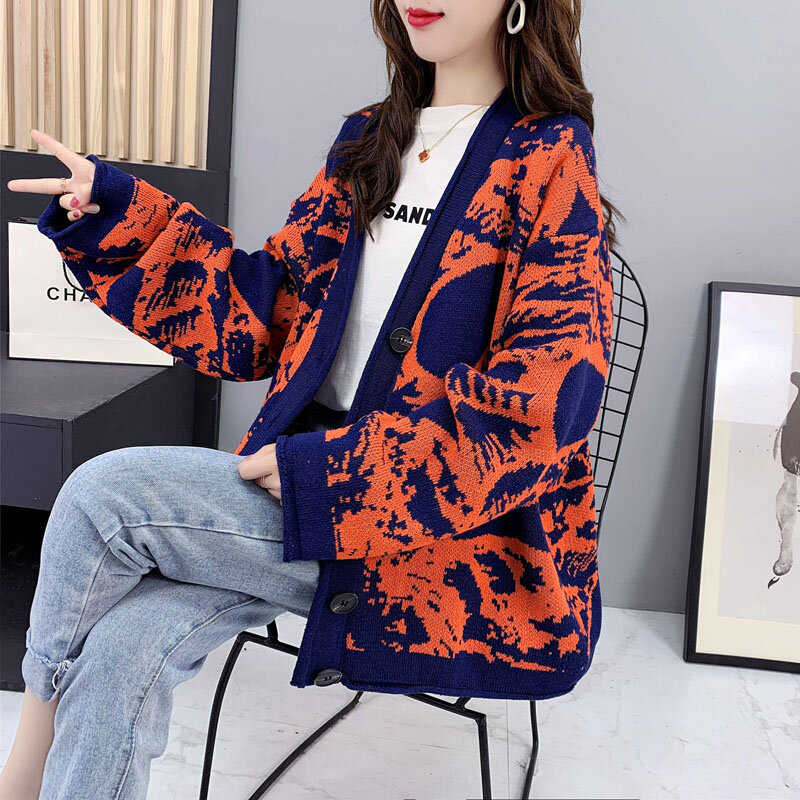 Новинка 2021, плотный свитер, кардиган, женский зимний свободный яркий вязаный однобортный жакет в Корейском стиле, пальто, Топ