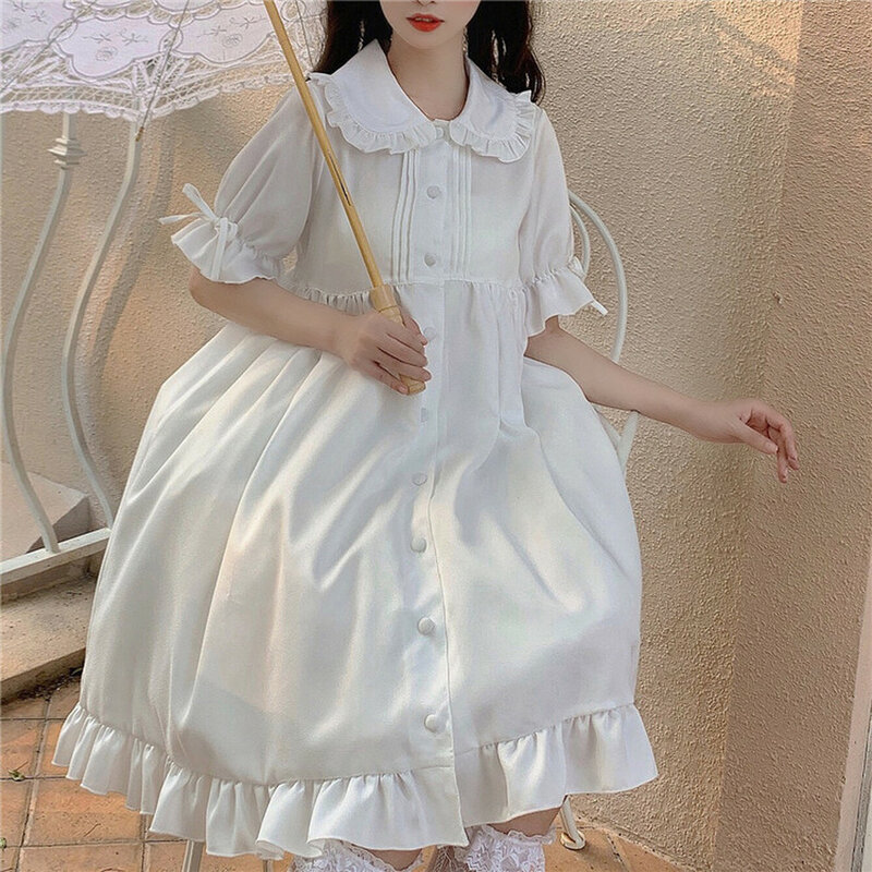 Soft Girl Aesthetic Clothes Kawaii Daily Japanese Sweet Retro Vintage Doll Collar Kawaii Gothic Lolita Op Loli Cos White Dress