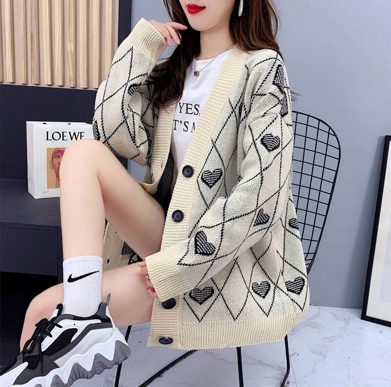 Camisola retro 2021 outono inverno japonês coreano chique elegante com decote em v outwear solto cardigan feminino lazer jaqueta de malha rosa
