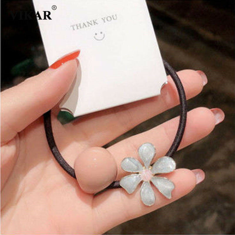 New Girls Cute Round Beads Elastic Hair Band Women Sweet Flowers Hair Tie Ponytail Holder Rubber Bands Fashion Hair Accessories