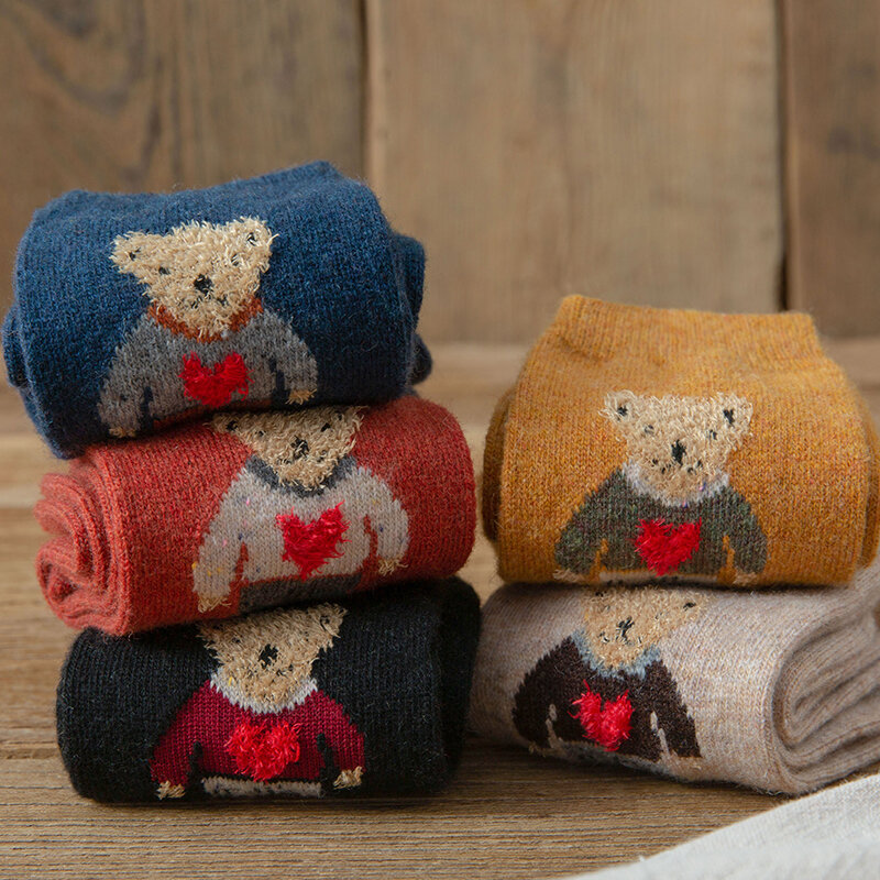 Chaussettes ours mi-mollet pour femme, en coton pur, mignonnes, longues, couleur unie, Style japonais, automne et hiver