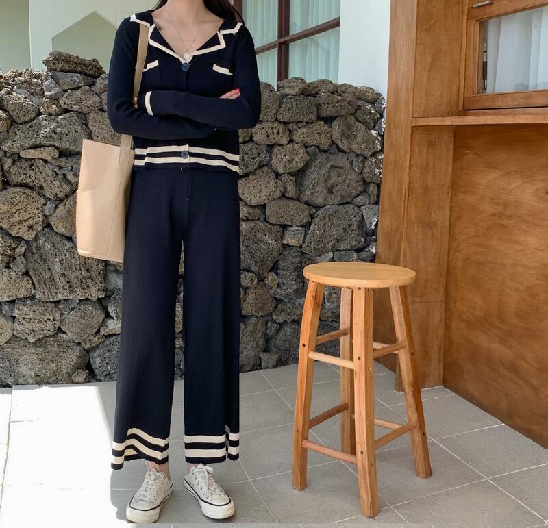 Fashion spring and autumn new style high wide-leg cropped trousers retro two-piece suit
