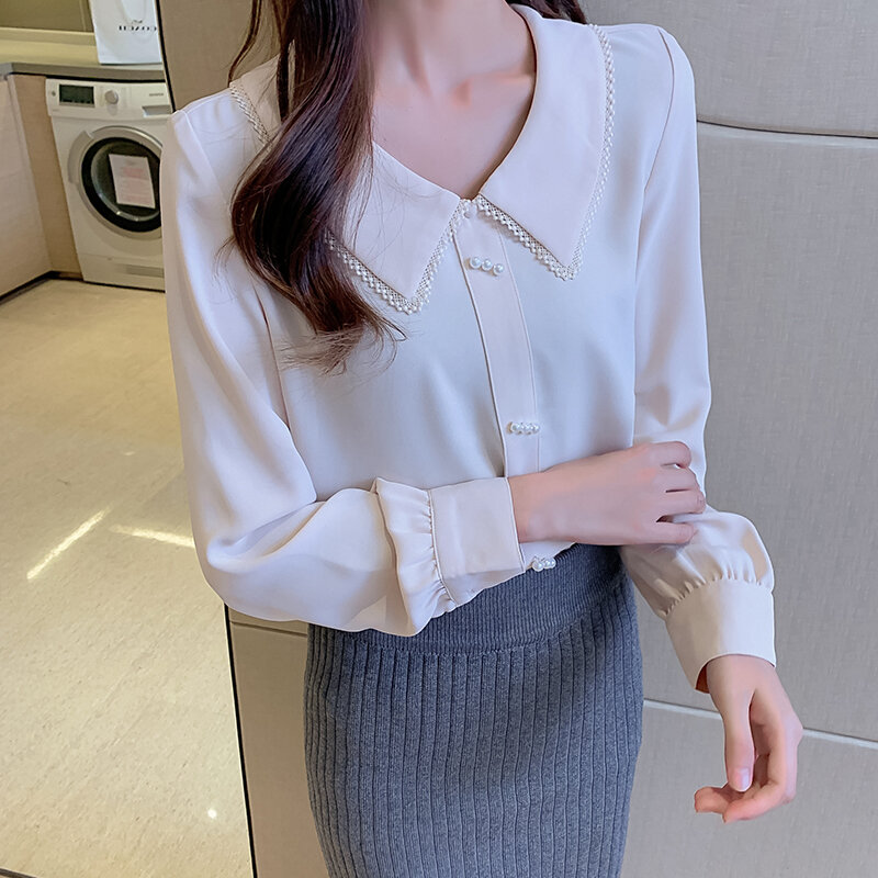 Blusa feminina de chiffon, camisa feminina de manga comprida gola peter pan blusas casual para mulheres blusa de renda top plus size