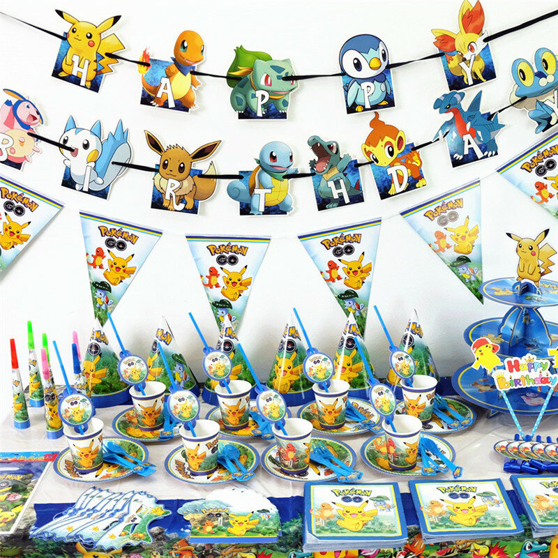 Décorations avec vaisselle jetable en motif de dessin animé pikachu Pokemon,ensemble tasses et assiettes en papier et fournitures de fête d'anniversaire pour enfant