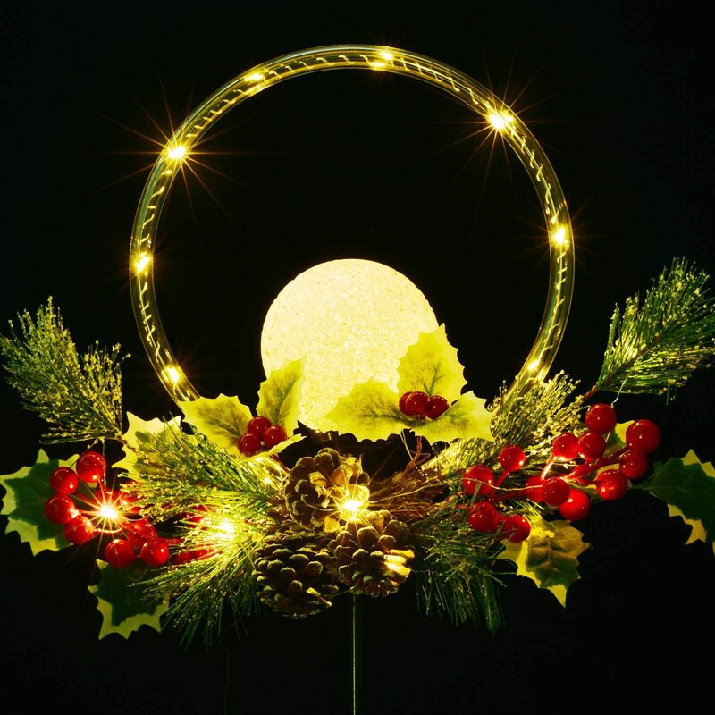 야외 태양 꽃 빛, LED 공 장식 크리스마스 빛 가짜 소나무 콘, 단풍 악센트 정원 장식 말뚝