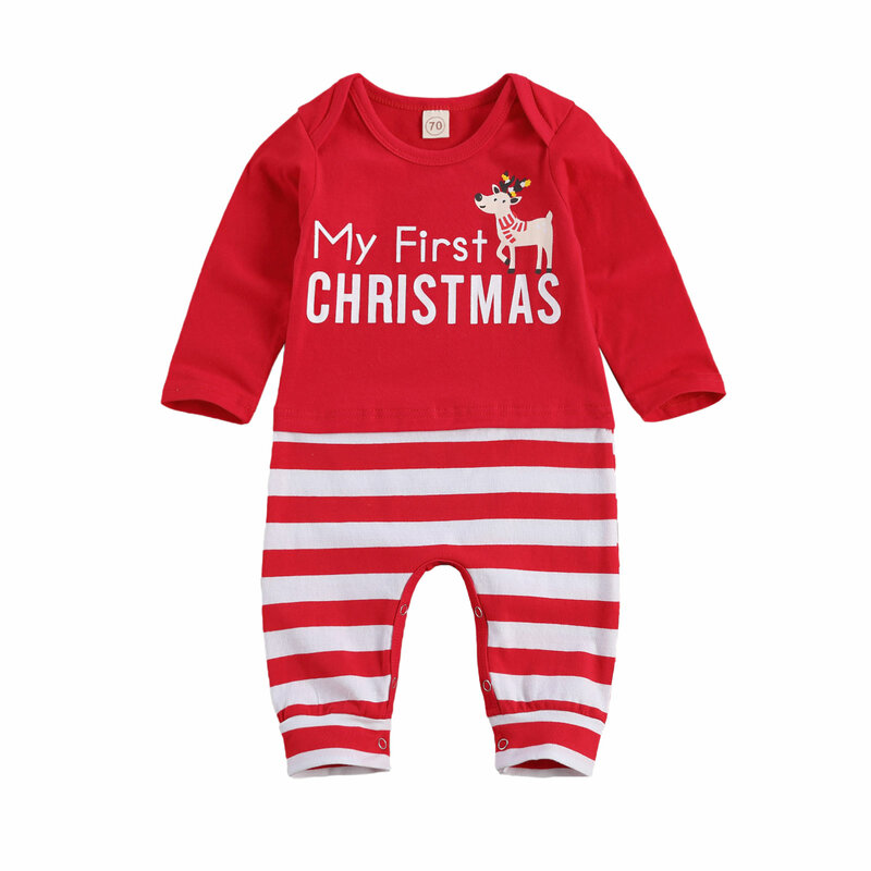 Mono de Navidad para bebés y niños recién nacidos, mono de cuello redondo con estampado de dibujos animados a rayas, mono largo, ropa de algodón