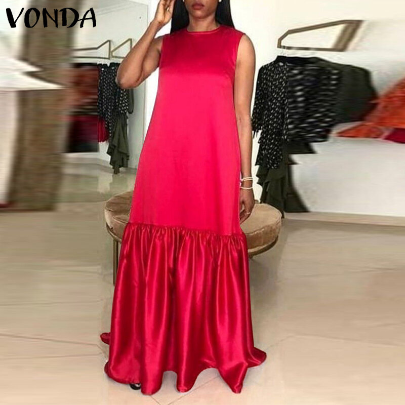 Vonda-女性のためのセクシーなサテンドレス,プリーツのイブニングドレス,ノースリーブ,マキシ,カジュアル,大きいサイズ,2022