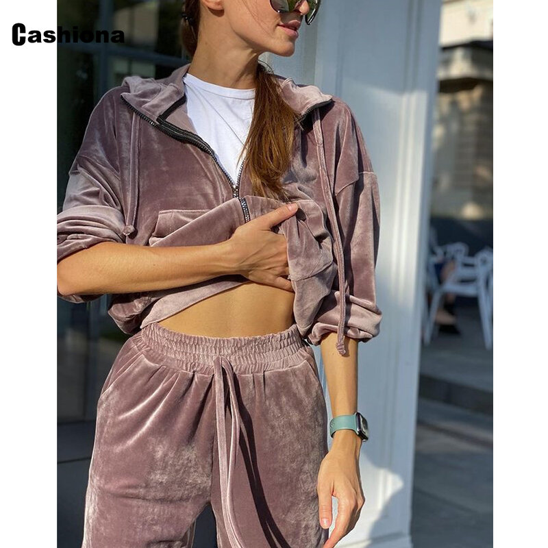 2021 autunno Pleuche tuta Set Top con cappuccio da donna e pantaloni della tuta Set cerniera moda due pezzi abiti donna Streetwear