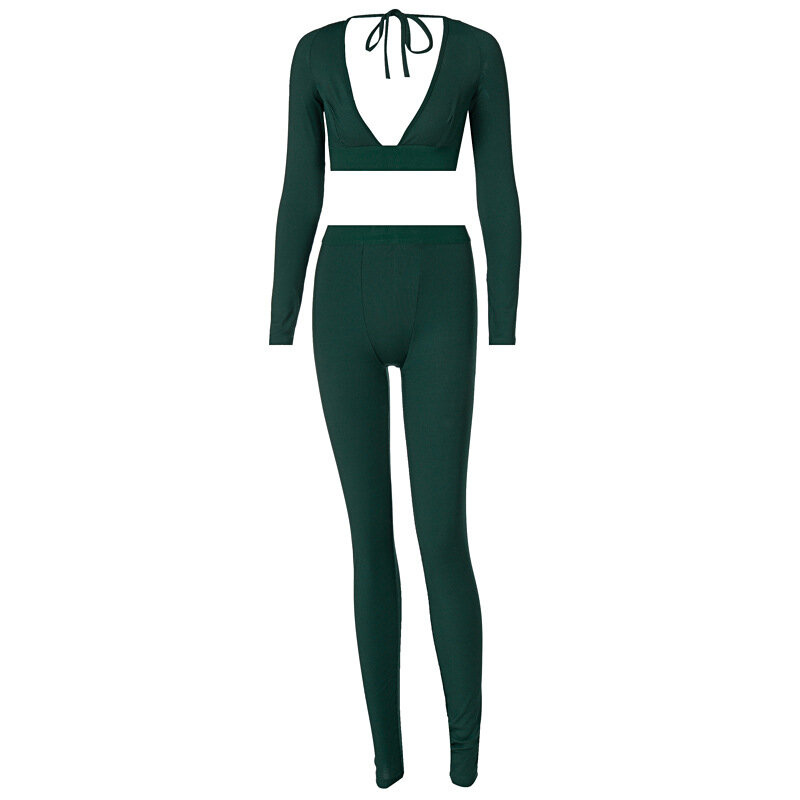 2021 Langarm Solide V-ausschnitt Backless Dünne Crop Top Leggings 2 Stück Set Herbst Winter Frauen Sexy Streetwear Trainingsanzug